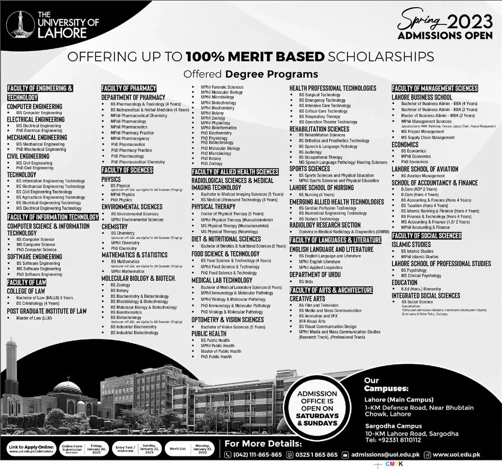 University of Lahore Admissions 2023 Admissions 2022 — original advertisement