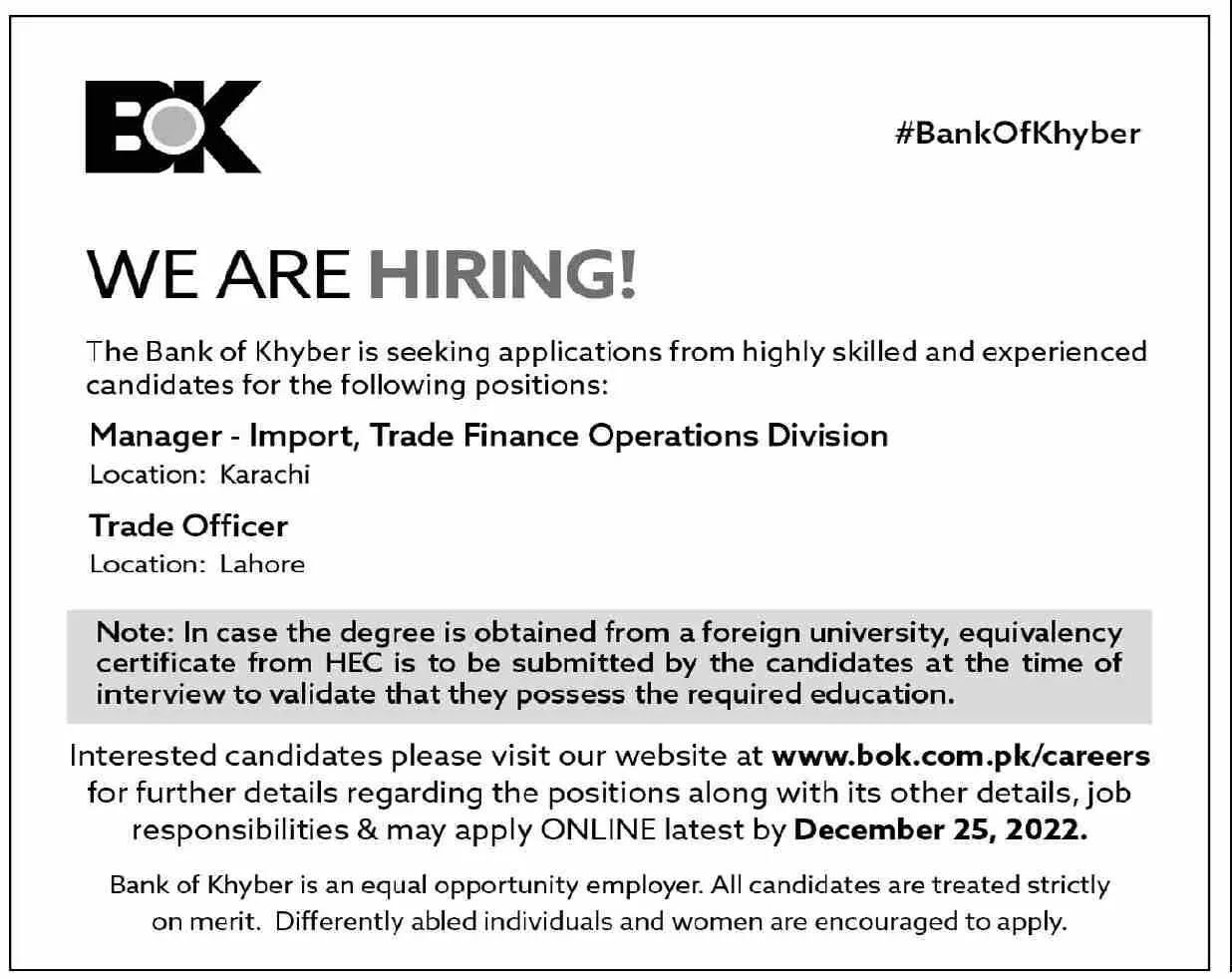 Bank of Khyber Jobs 2022 Jobs 2022 — original advertisement