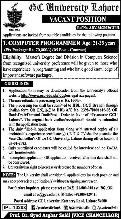 Government College GC University Lahore Jobs 2023 – Government College University Lahore Jobs 2022 — original advertisement