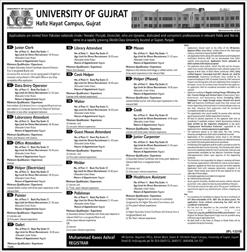 University of Gujrat Hafiz Hayat Campus Gujrat Jobs 2023 Jobs 2022 — original advertisement