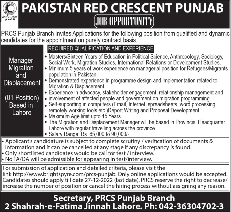 Pakistan Red Crescent Society Punjab Job 2023 Jobs 2022 — original advertisement