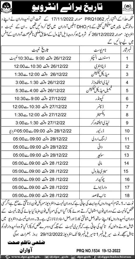 Interview Schedule of Health Department Balochistan Awaran – Health Department Balochsitan Jobs 2022 — original advertisement