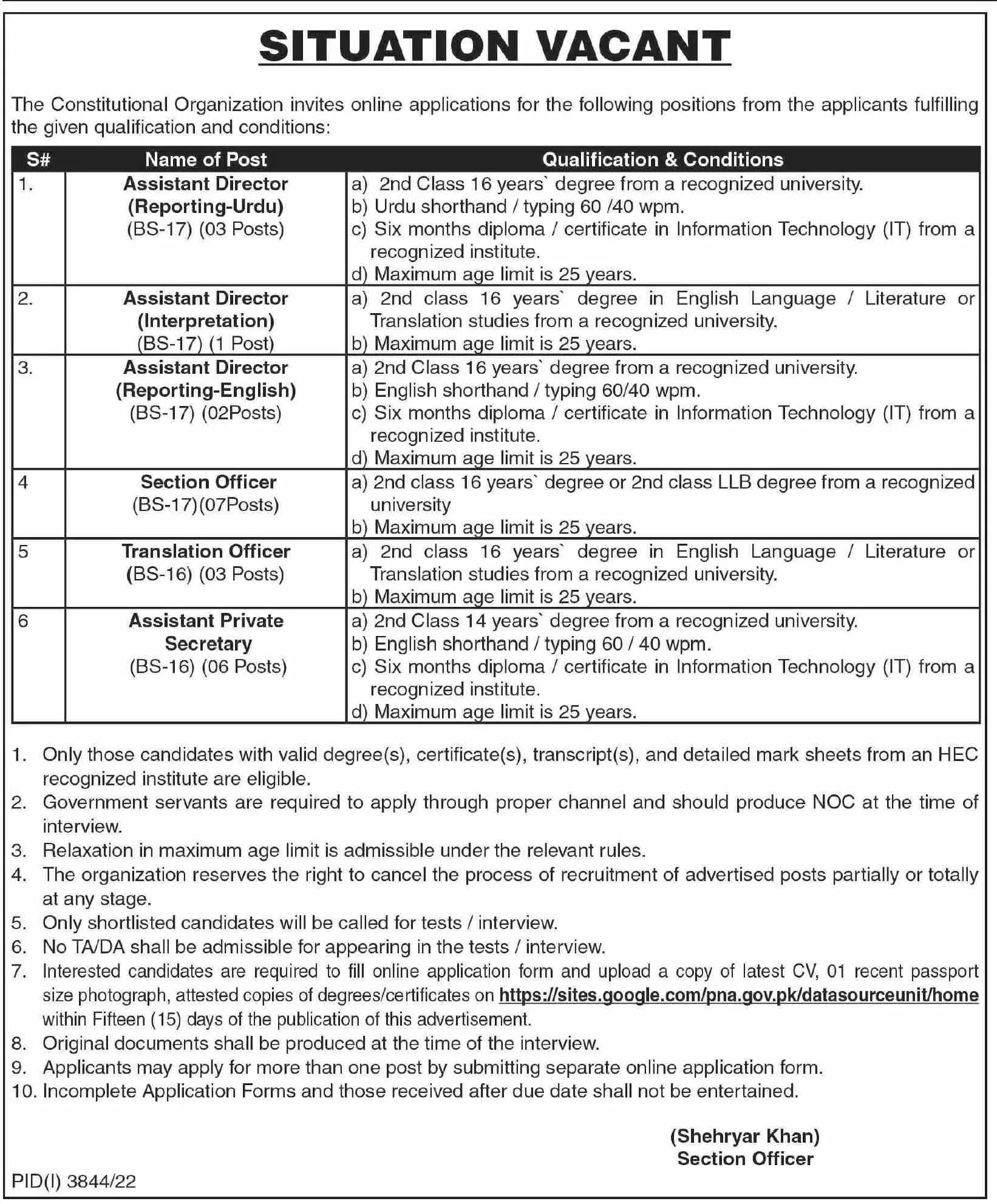 Constitutional Organziation Islamabad Jobs 2023 – Federal Government Organization Jobs 2022 — original advertisement