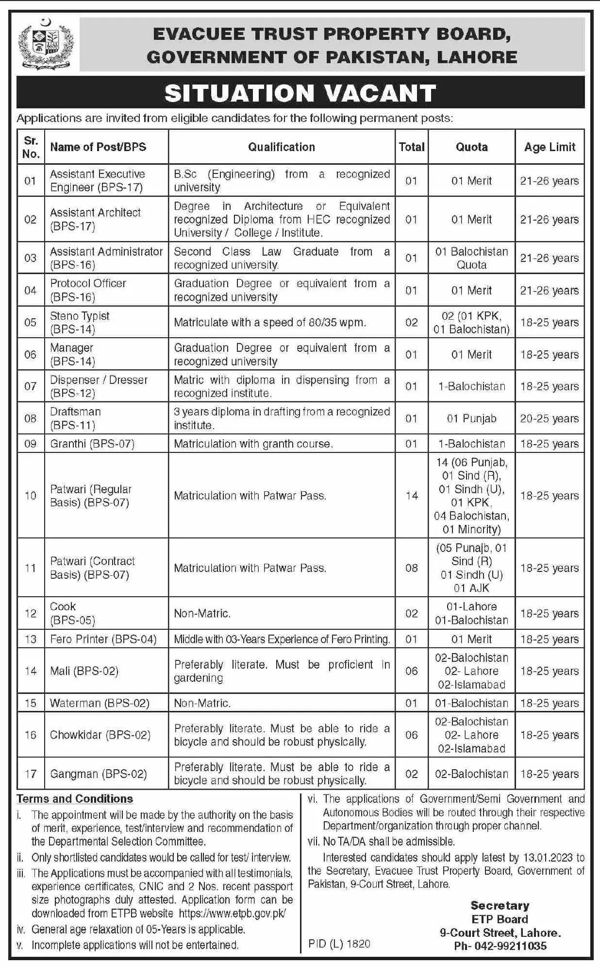 Evacuee Trust Property Board Punjab Lahore Jobs 2023 Jobs 2022 — original advertisement