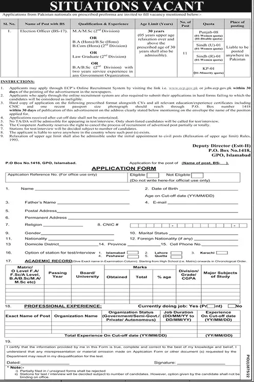 Election Commission of Pakistan ECP Islamabad Jobs 2023 – Election Commission of Pakistan (ECP) Islamabad Jobs 2022 — original advertisement