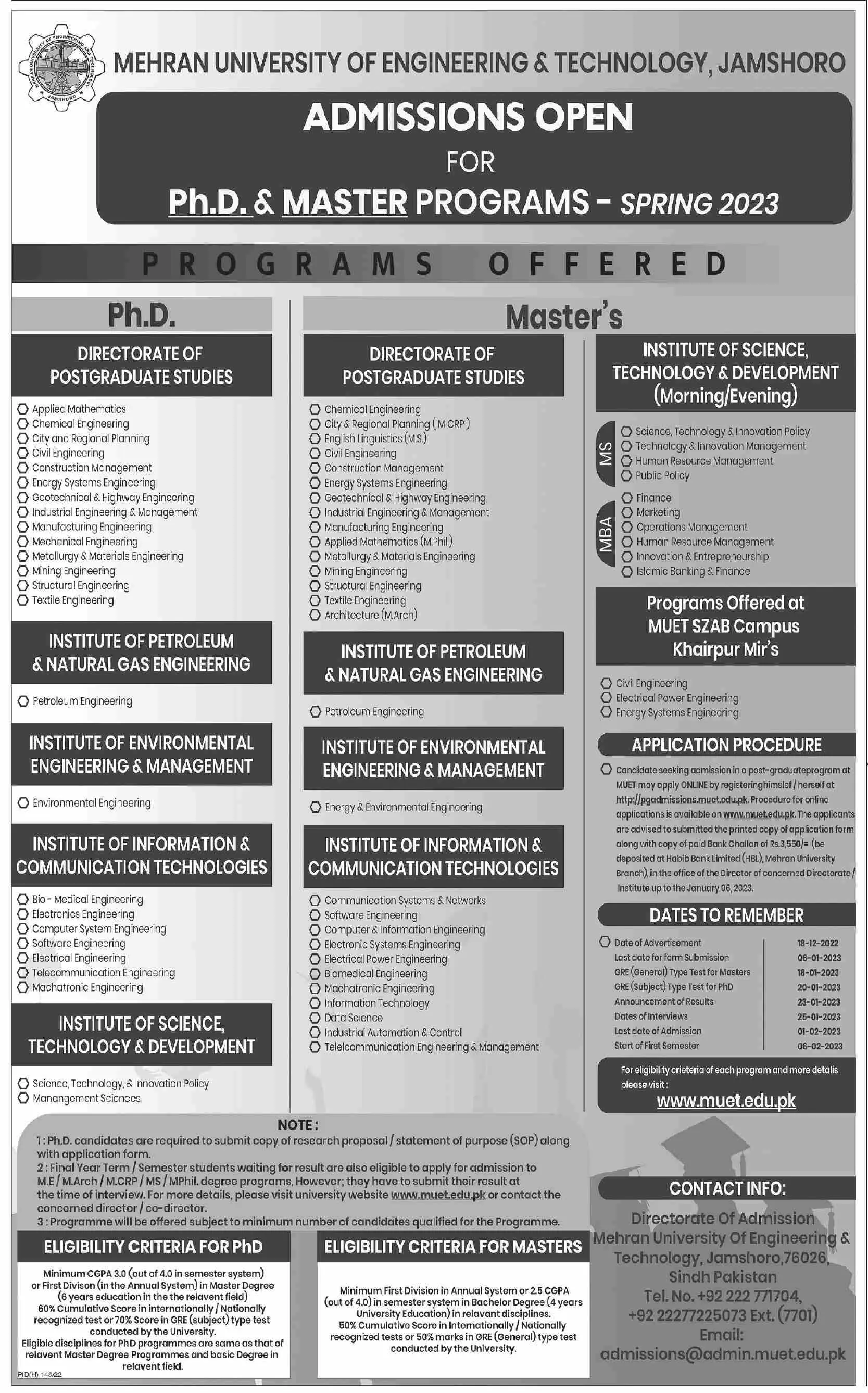Mehran University of Engineering & Technology Admissions – Mehran University of Engineering & Technology Jamshoro Admissions 2022 — original advertisement