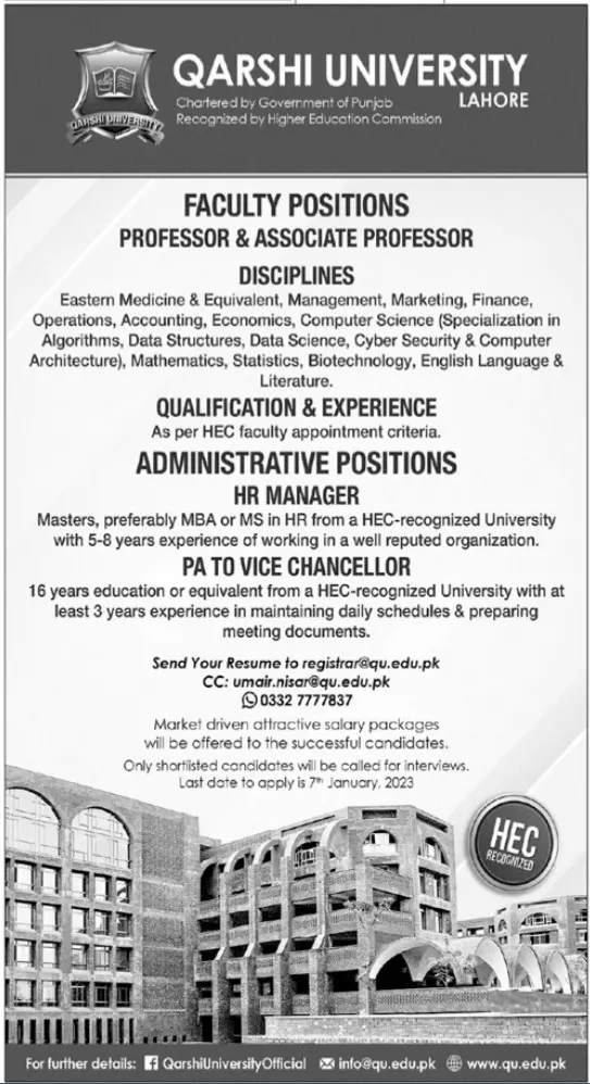 Qarshi University Lahore Faulty Jobs 2023 Jobs 2022 — original advertisement
