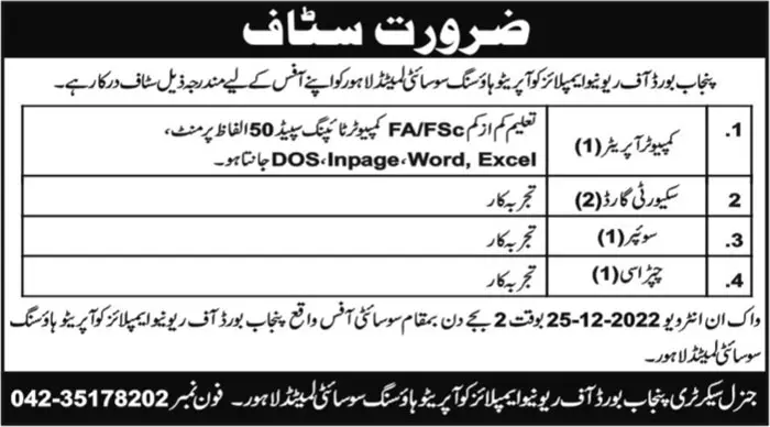 Punjab Board of Revenue Cooperative Housing Society Jobs – Cooperatives Department Punjab Jobs 2022 — original advertisement