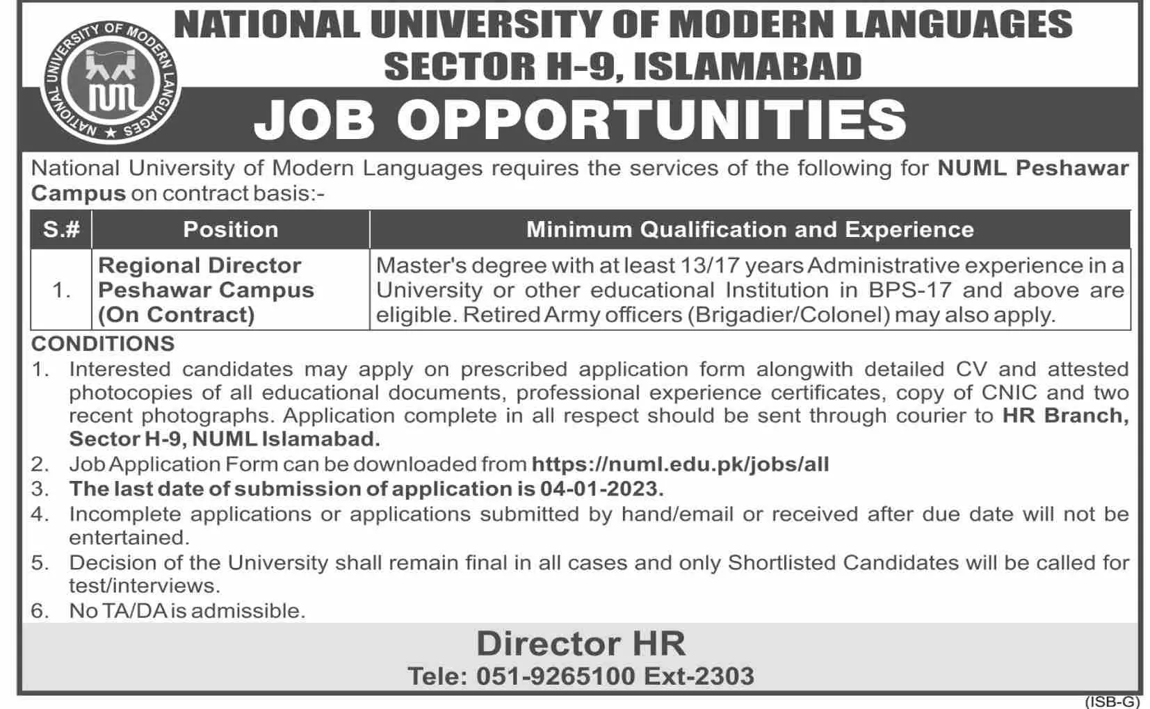 National University of Modern Languages NUML Peshawar Jobs – National University of Modern Languages Islamabad Jobs 2022 — original advertisement