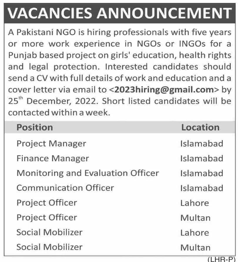 Pakistan NGO Islamabad Jobs 2023 – Public Sector Organization Jobs 2022 — original advertisement