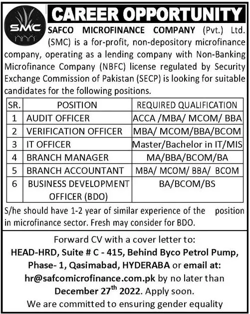 SAFCO Microfinance Company Ltd Jobs 2023 – Private Company Jobs 2022 — original advertisement