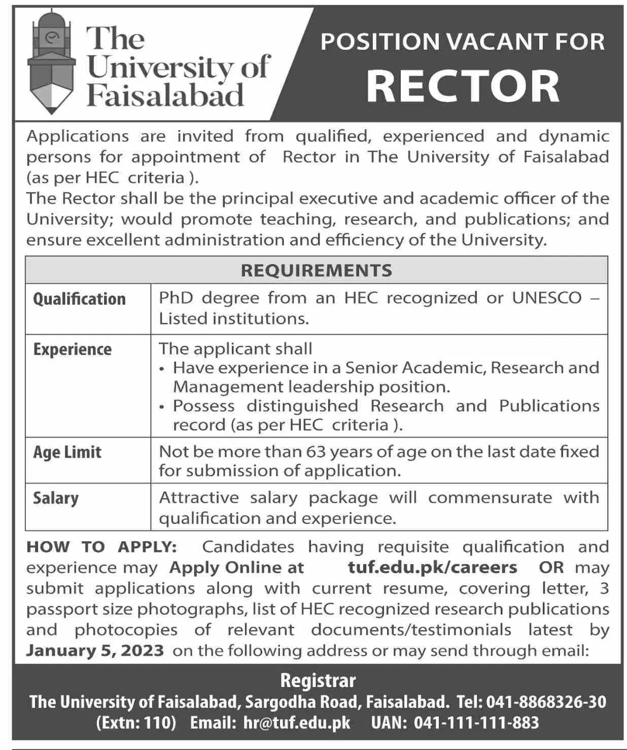 University of Faisalabad Jobs 2023 Jobs 2022 — original advertisement