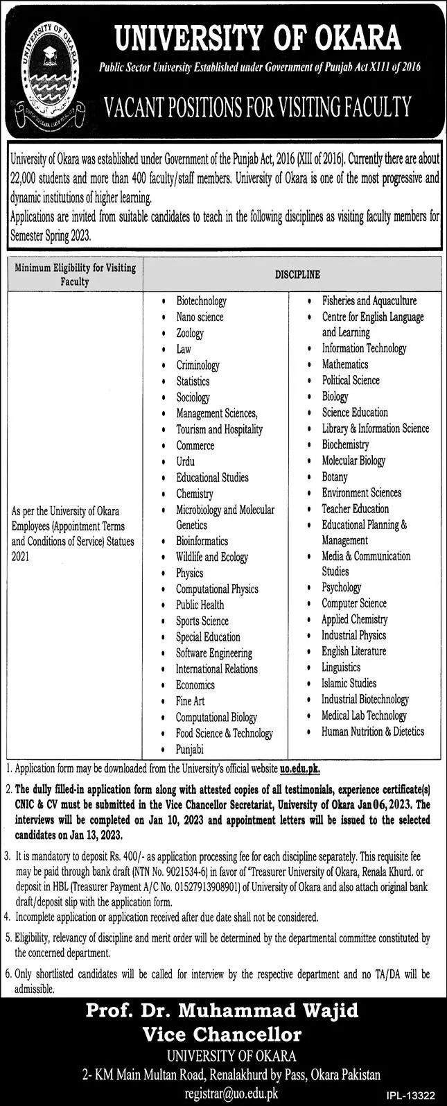 University of Okara Punjab Jobs 2022 Jobs 2022 — original advertisement