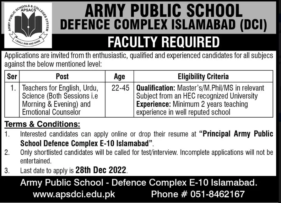 Army Public School APS Islamabad Jobs 2022 – Army Public School & College Paksitan Jobs 2022 — original advertisement