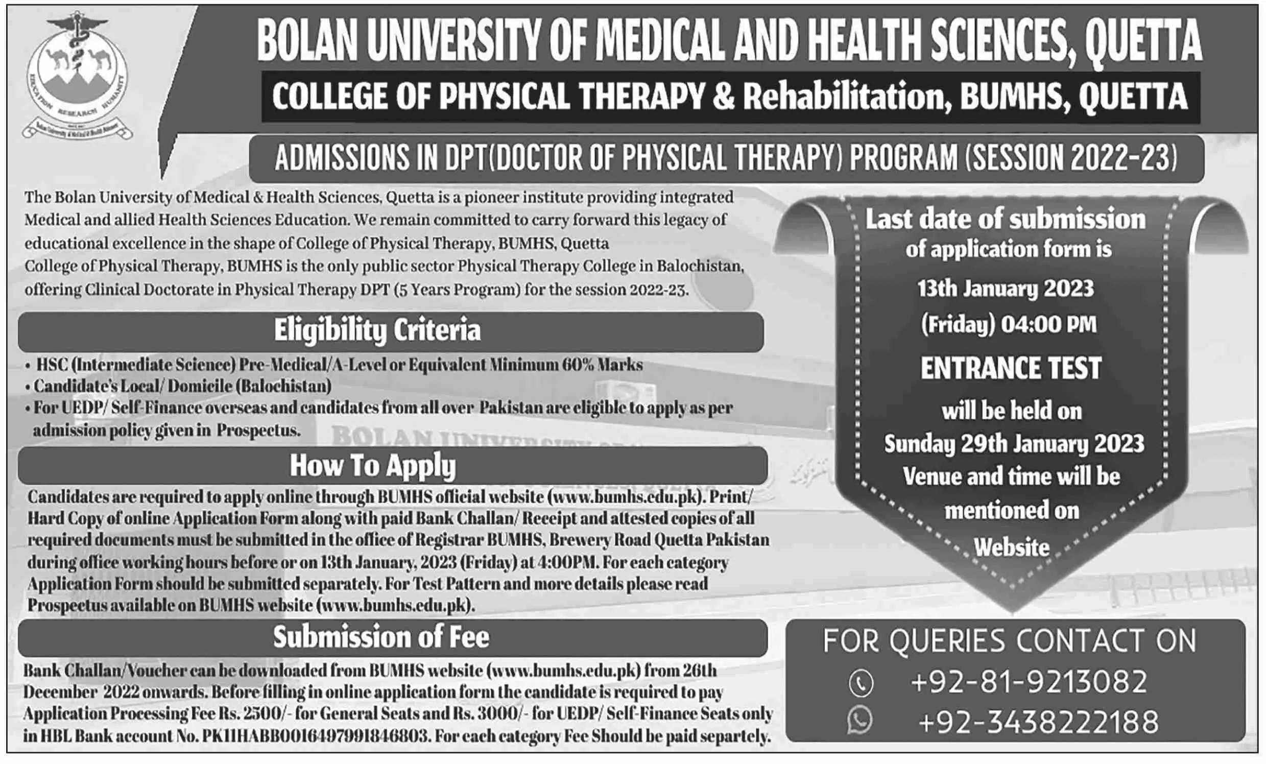 Bolan University of Medical and Health Sciences Admissions – Bolan University Of Medical And Health Sciences, Quetta Admissions 2022 — original advertisement