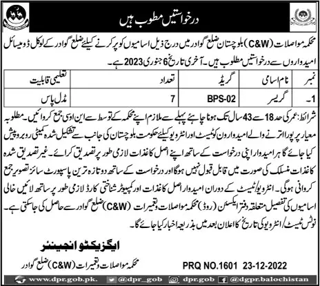 Communication & Construction Department Gawader Jobs 2023 – Communication & Works Department Balochistan Jobs 2022 — original advertisement