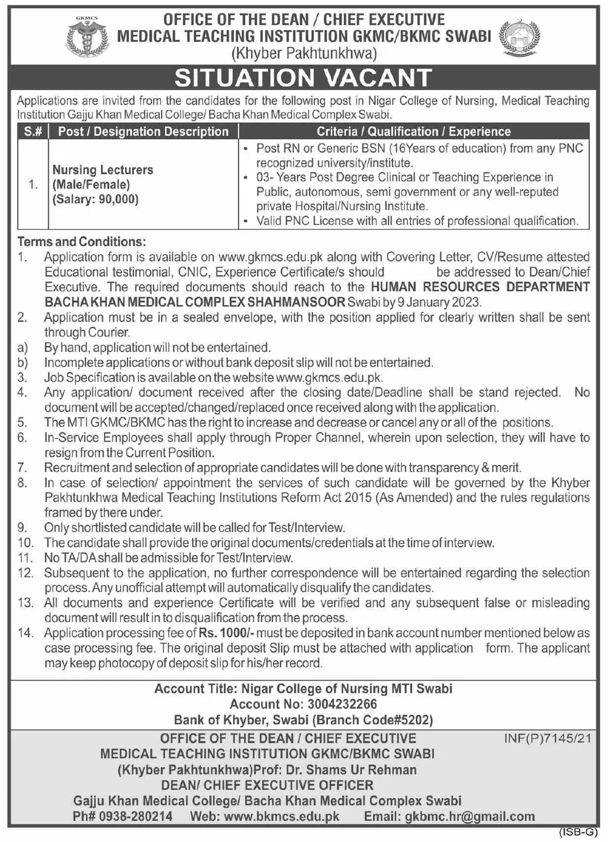 Medical Teaching institution Swabi Khyber Pakhtunkhwa Jobs – Medical Teaching Institution Bannu Jobs 2022 — original advertisement
