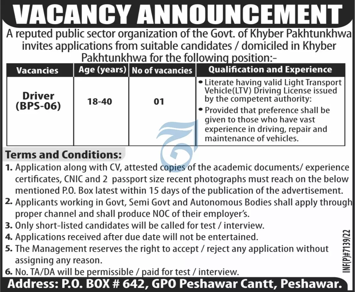 Reputed Public Sector Organization Peshawar Jobs 2023 Jobs 2022 — original advertisement