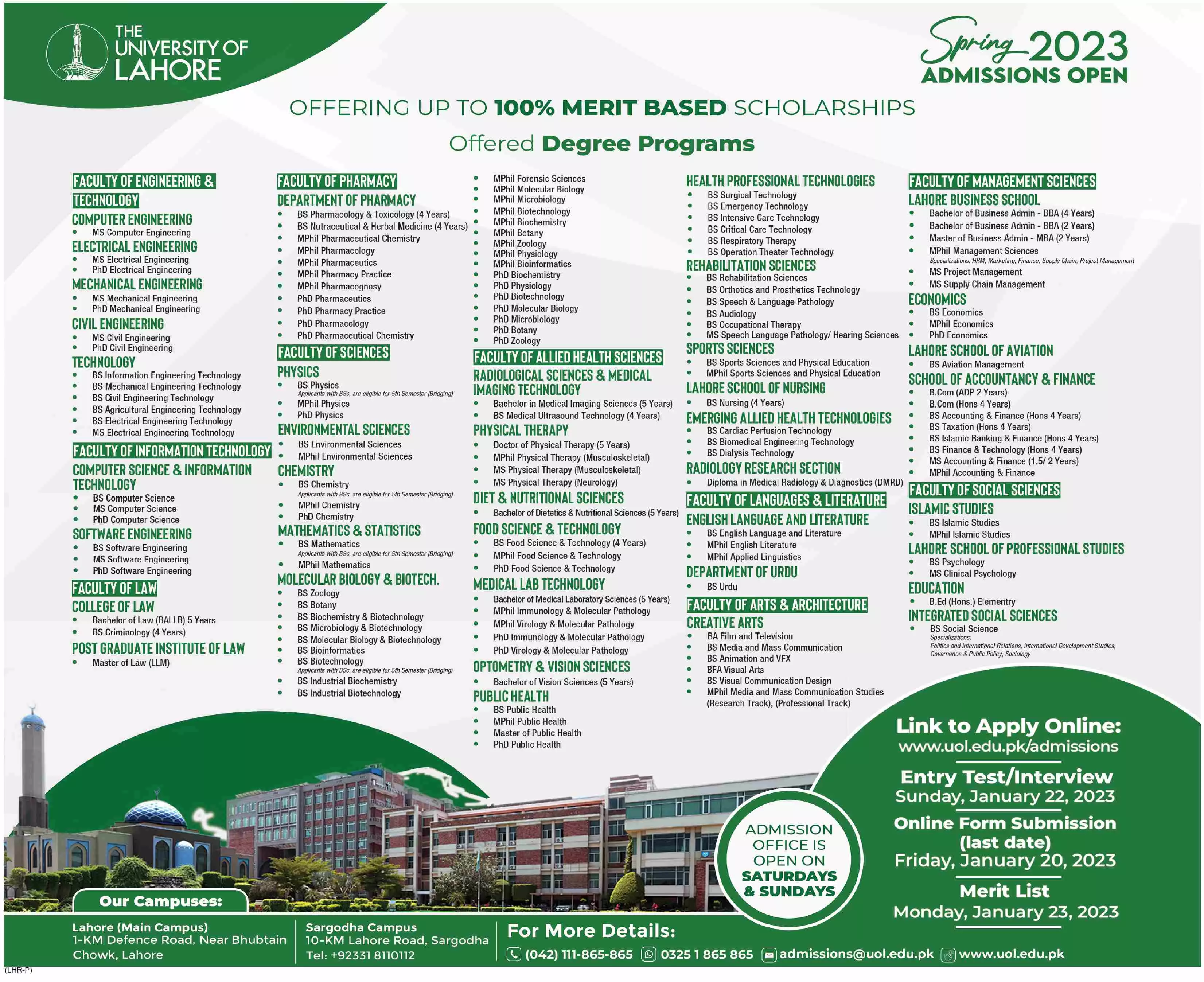 University of Lahore Admissions 2023 Admissions 2022 — original advertisement
