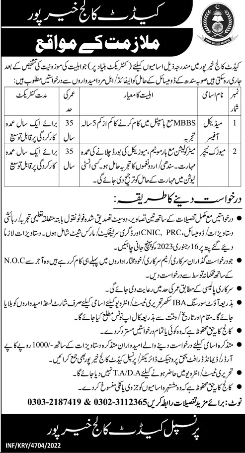 Cadet College Khairpur Sindh Jobs 2023 Jobs 2022 — original advertisement