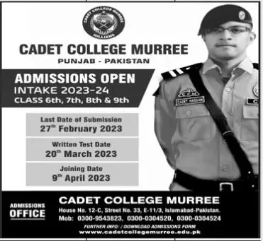 Cadet College Murree Punjab Admissions 2023 Admissions 2022 — original advertisement
