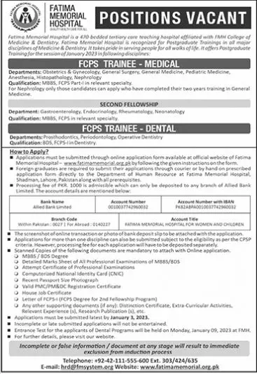 Fatima Memorial Hospital (Fmh) Lahore Jobs 2023 Jobs 2022 — original advertisement
