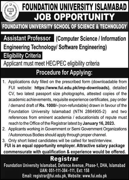 Foundation University Islamabad Jobs 2023 Jobs 2022 — original advertisement
