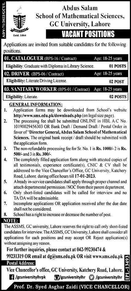 Government University Lahore Jobs 2023 – Government College University Lahore Jobs 2022 — original advertisement