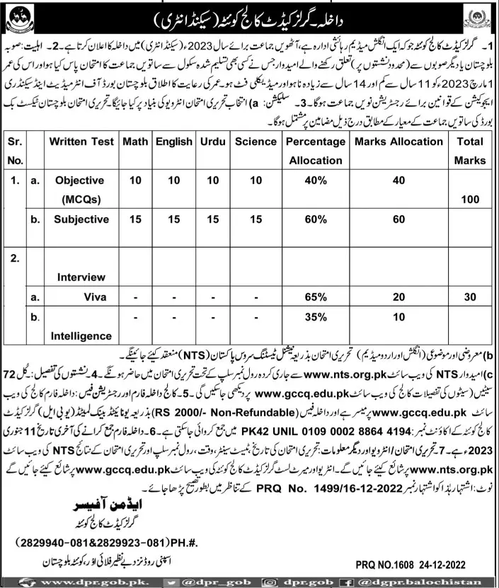 Girls Cadet College Quetta Admissions 2023 Admissions 2022 — original advertisement