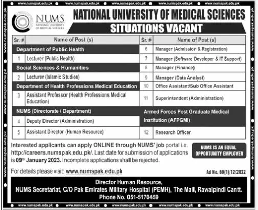 National University of Medical Sciences Rawalpindi Jobs 2023 – National University of Medical Science NUMS Jobs 2022 — original advertisement