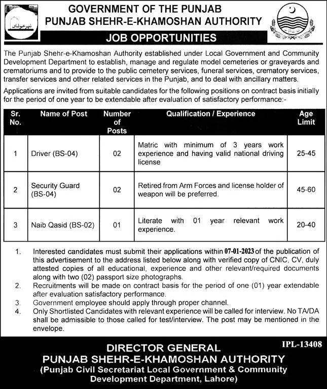 Punjab Shehr-E-Khamoshan Authority Jobs 2023 – Govt of Punjab Jobs 2022 — original advertisement