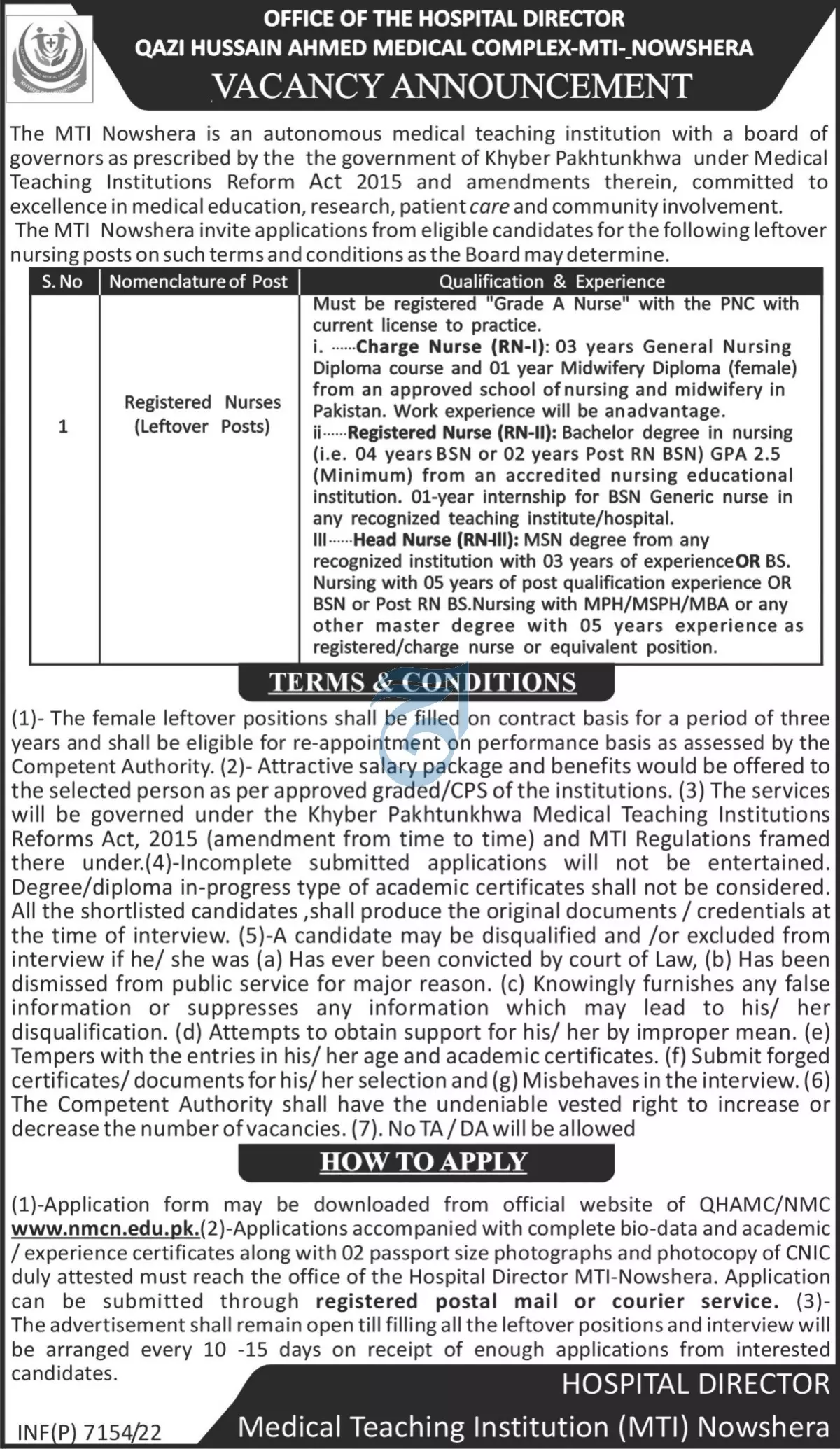 Qazi Hussain Ahmed Medical Complex MTI Nowshera Jobs 2023 – Qazi Hussain Ahmad Medical Complex Jobs 2022 — original advertisement