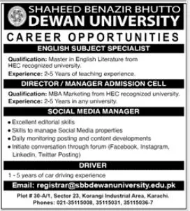 Shaheed Benazir Bhutoo Dewan University Jobs 2023 – Shaheed Benazir Bhutto University Shaheed Benazirabad Jobs 2022 — original advertisement