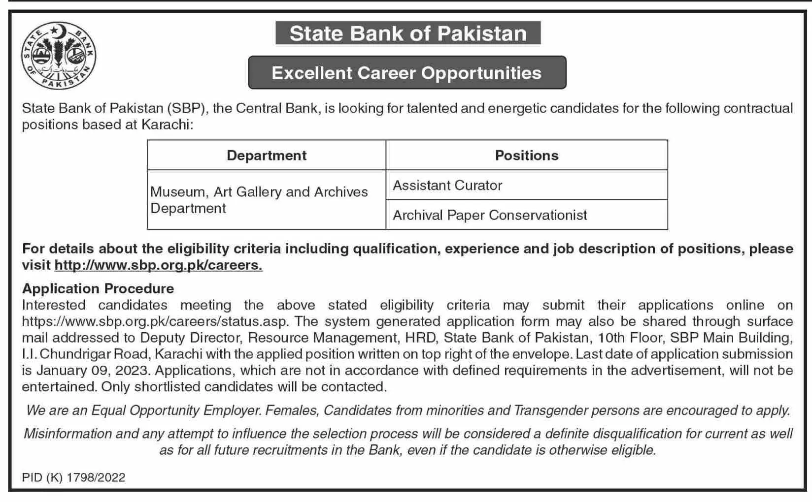 State Bank of Pakistan Jobs 2023 Jobs 2022 — original advertisement