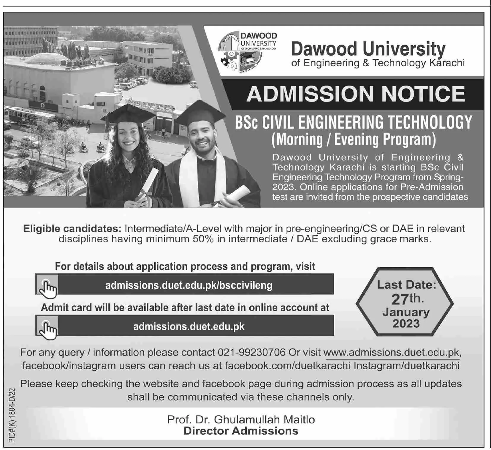 Dawood University of Engineering and Technology Admissions – Dawood University of Engineering and Technology Karachi Admissions 2022 — original advertisement