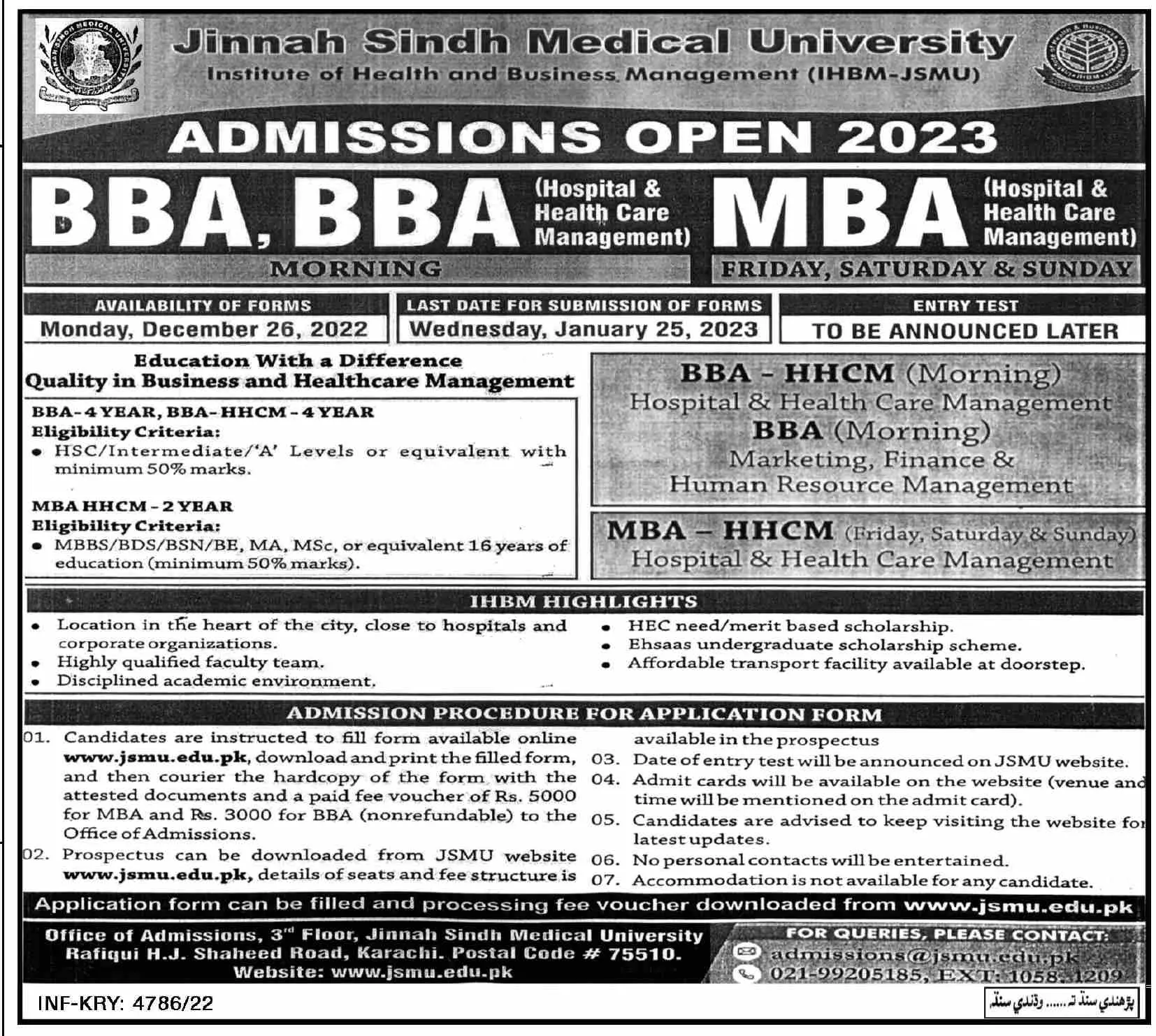 Jinnah Sindh Medical University Karachi Admissions 2023 Admissions 2022 — original advertisement
