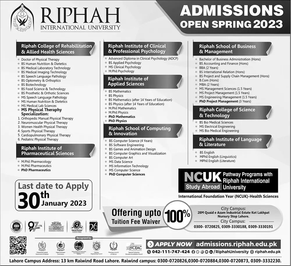 Riphah International University Lahore Campus Admissions Admissions 2022 — original advertisement