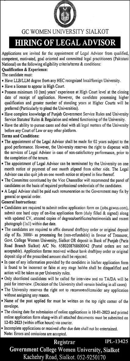 Government College Women University Sialkot Jobs 2023 Jobs 2022 — original advertisement