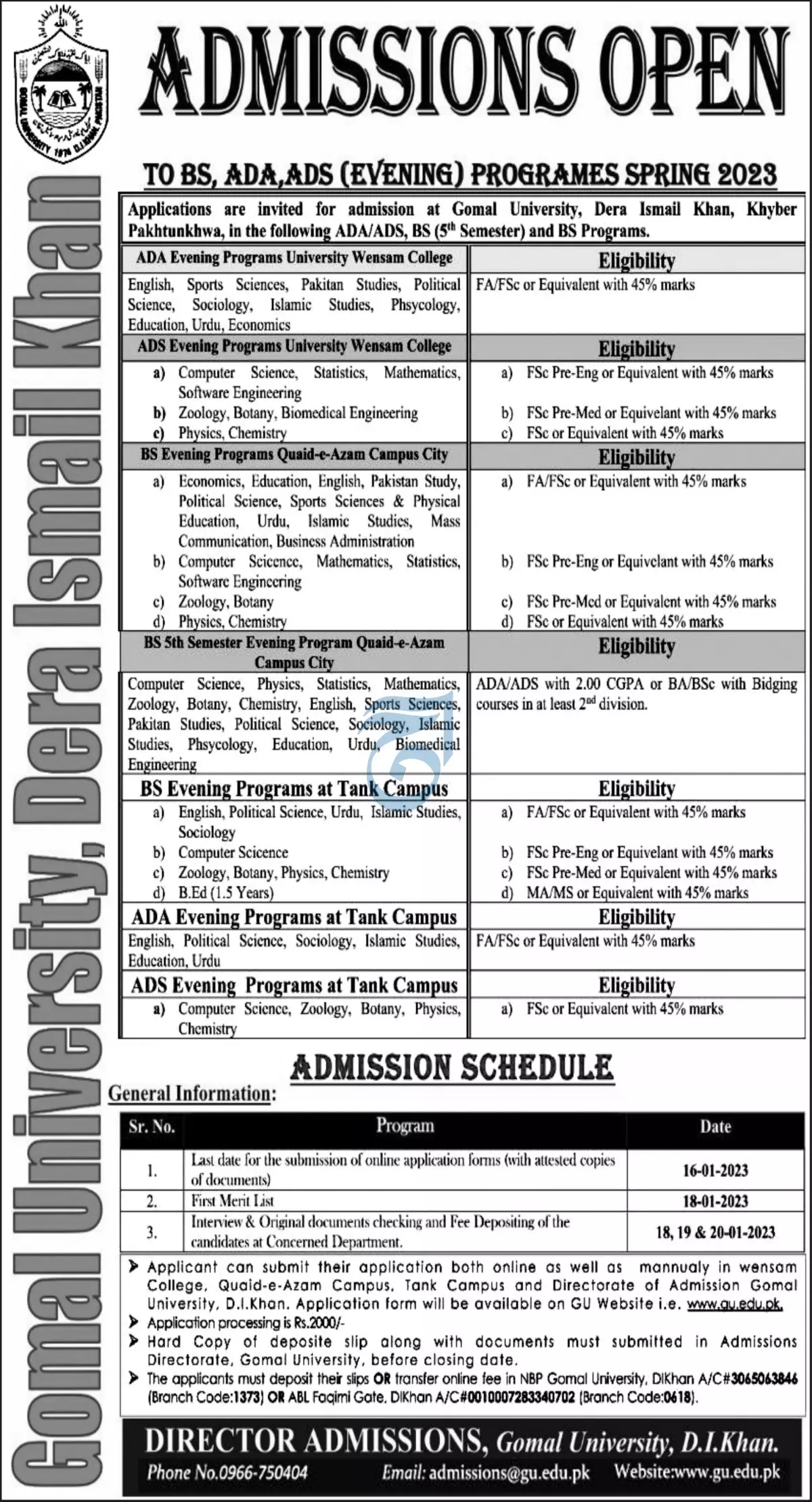 Gomal University Dera Ismail Khan Admission 2023 Admissions 2022 — original advertisement