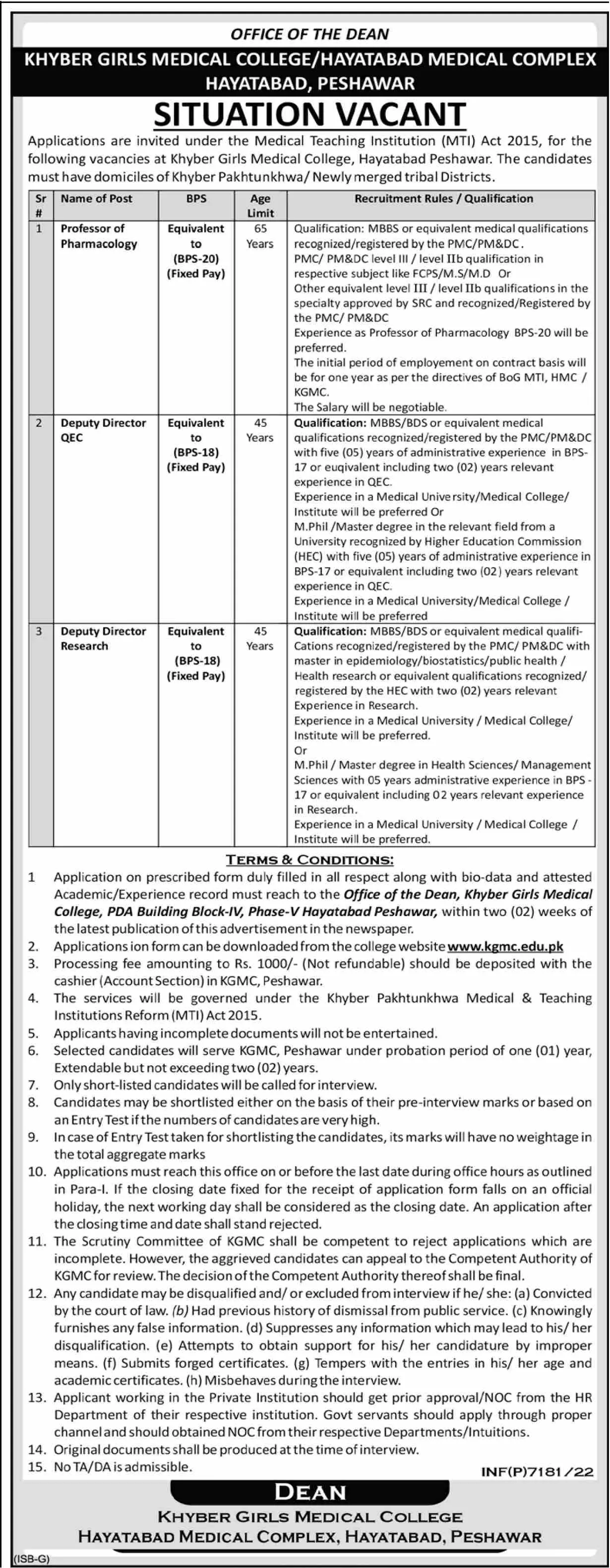Khyber Girls Medical College Peshawar Khyber Pakhtunkhwa Job Jobs 2022 — original advertisement
