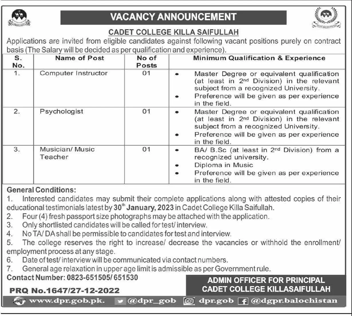 Cadet College Killa Saifullah Balochistan Jobs 2023 – Cadet College Killasaifullah Balochsitan Jobs 2022 — original advertisement