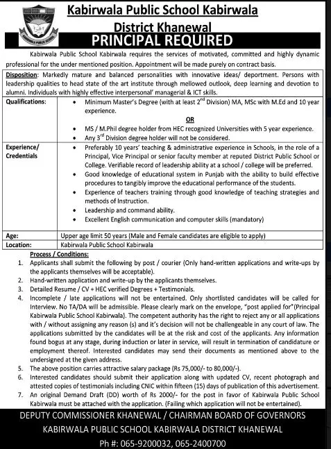 Kabirwala Public School kabirwal District Khenewal Jobs 2023 – Kabirwala Public School Kibirwala Jobs 2022 — original advertisement