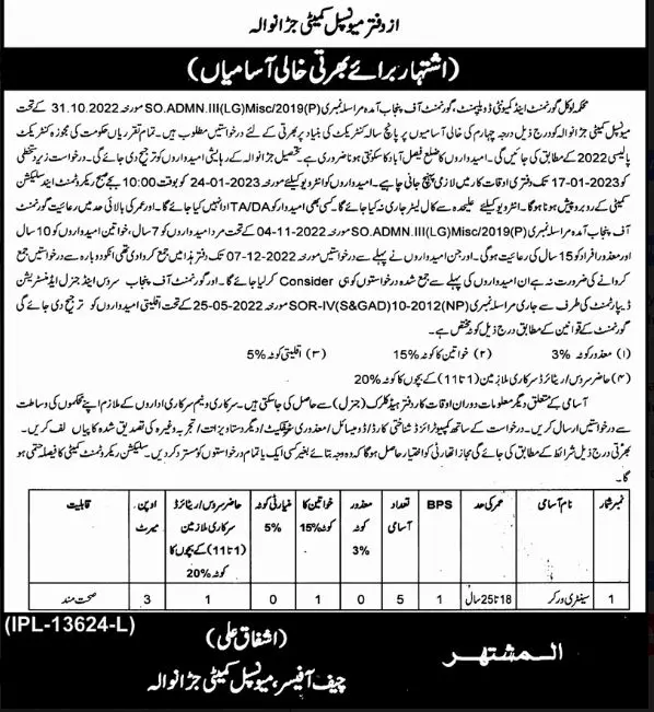 Municipal Committee Jaranwala Punjab Jobs 2023 – Muncipal Commette Jobs 2022 — original advertisement