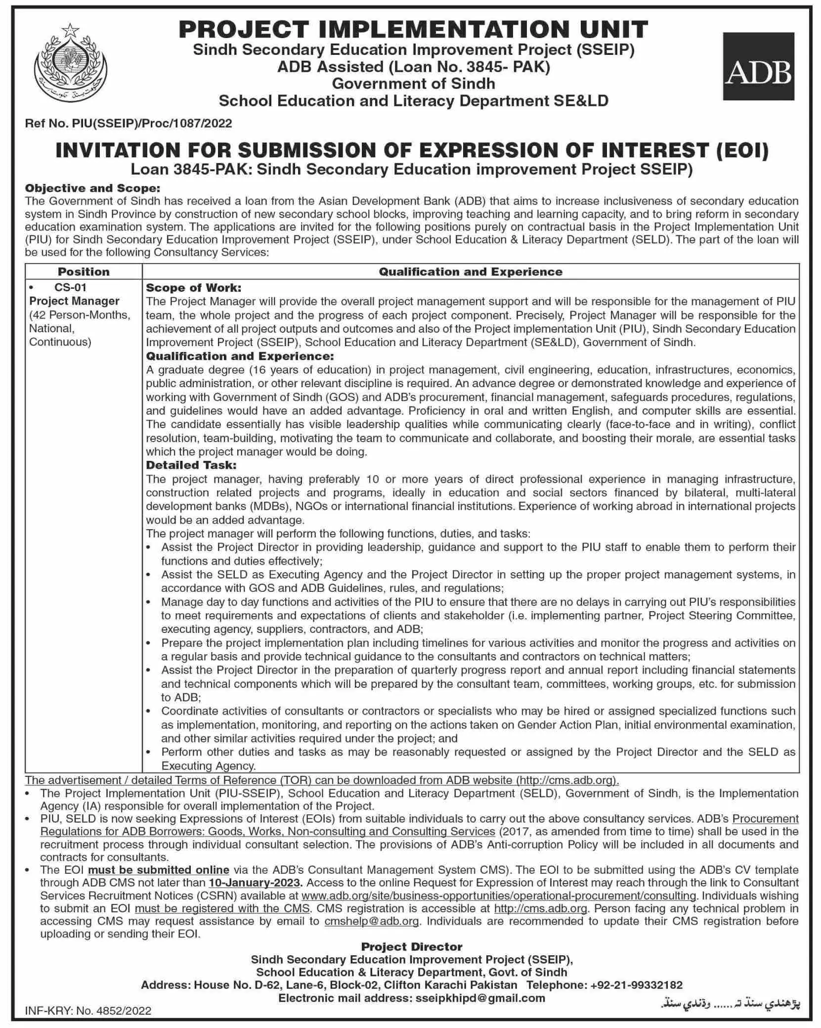 Sindh Secondary Education Improvement Project Jobs 2023 – Govt of Sindh Jobs 2022 — original advertisement
