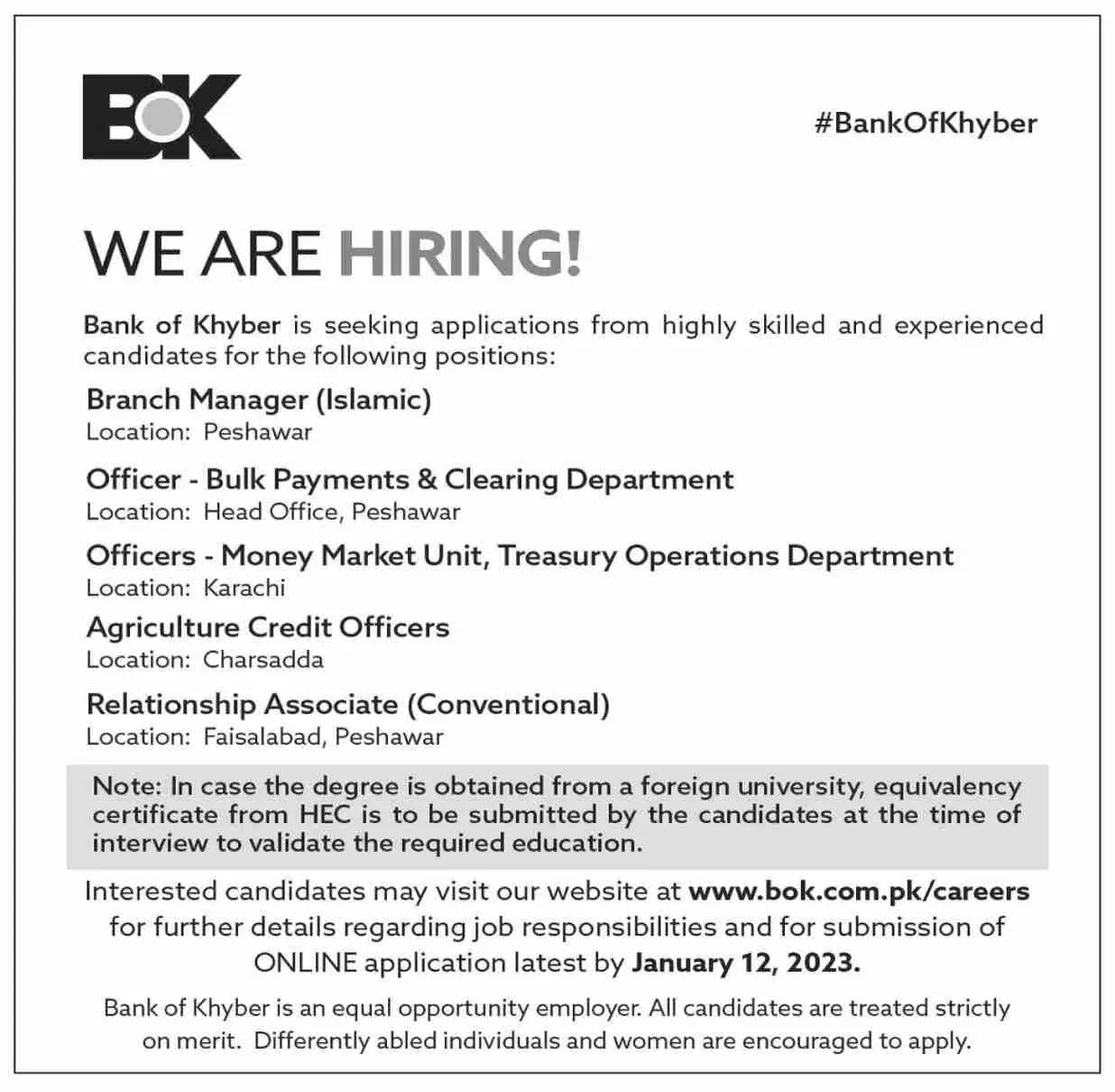 Bank of Khyber BOK Jobs 2023 Jobs 2022 — original advertisement