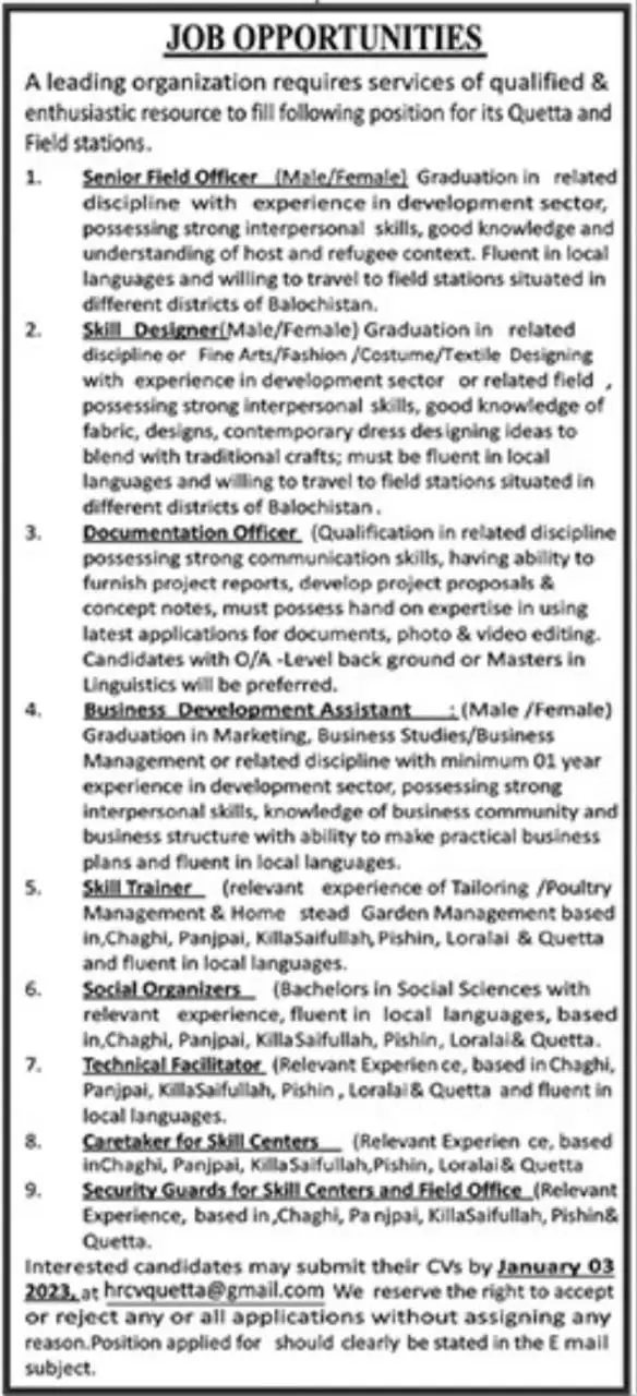 Leading organization Quetta Balochistan Jobs 2023 – Public Sector Organization Jobs 2022 — original advertisement