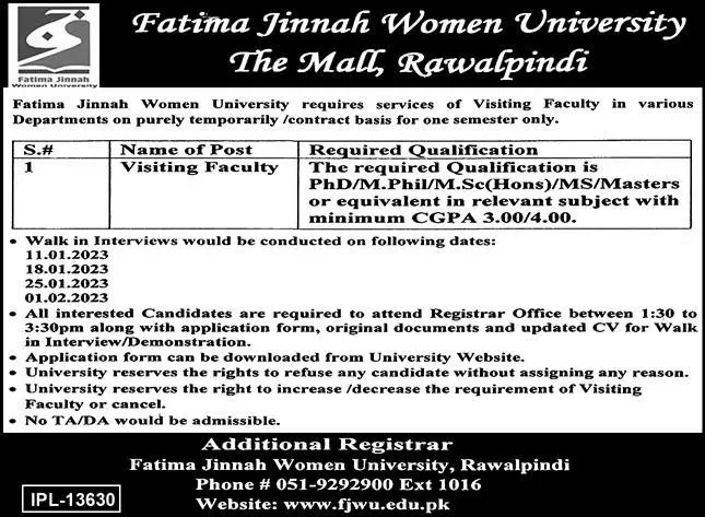 Fatima Jinnah Women University Rawalpindi Jobs 2023 Jobs 2022 — original advertisement