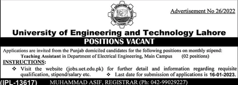 University of Engineering and Technology Lahore Jobs 2023 – University of Engineering  & Technology Lahore Jobs 2022 — original advertisement