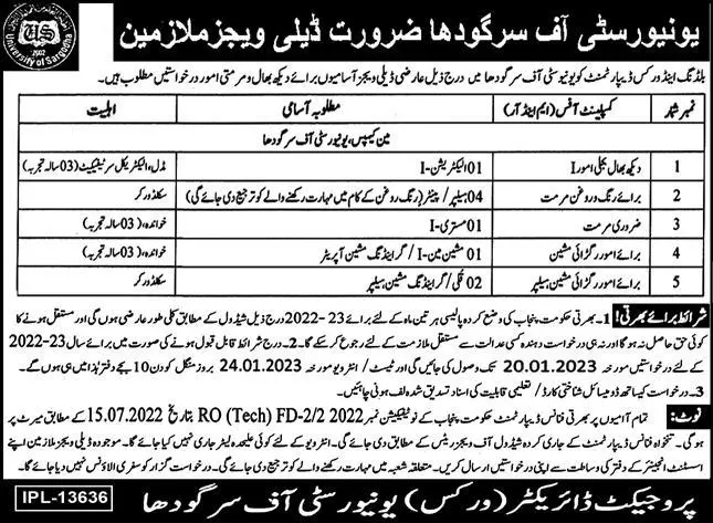 University of Sargodha Jobs 2023 Jobs 2022 — original advertisement