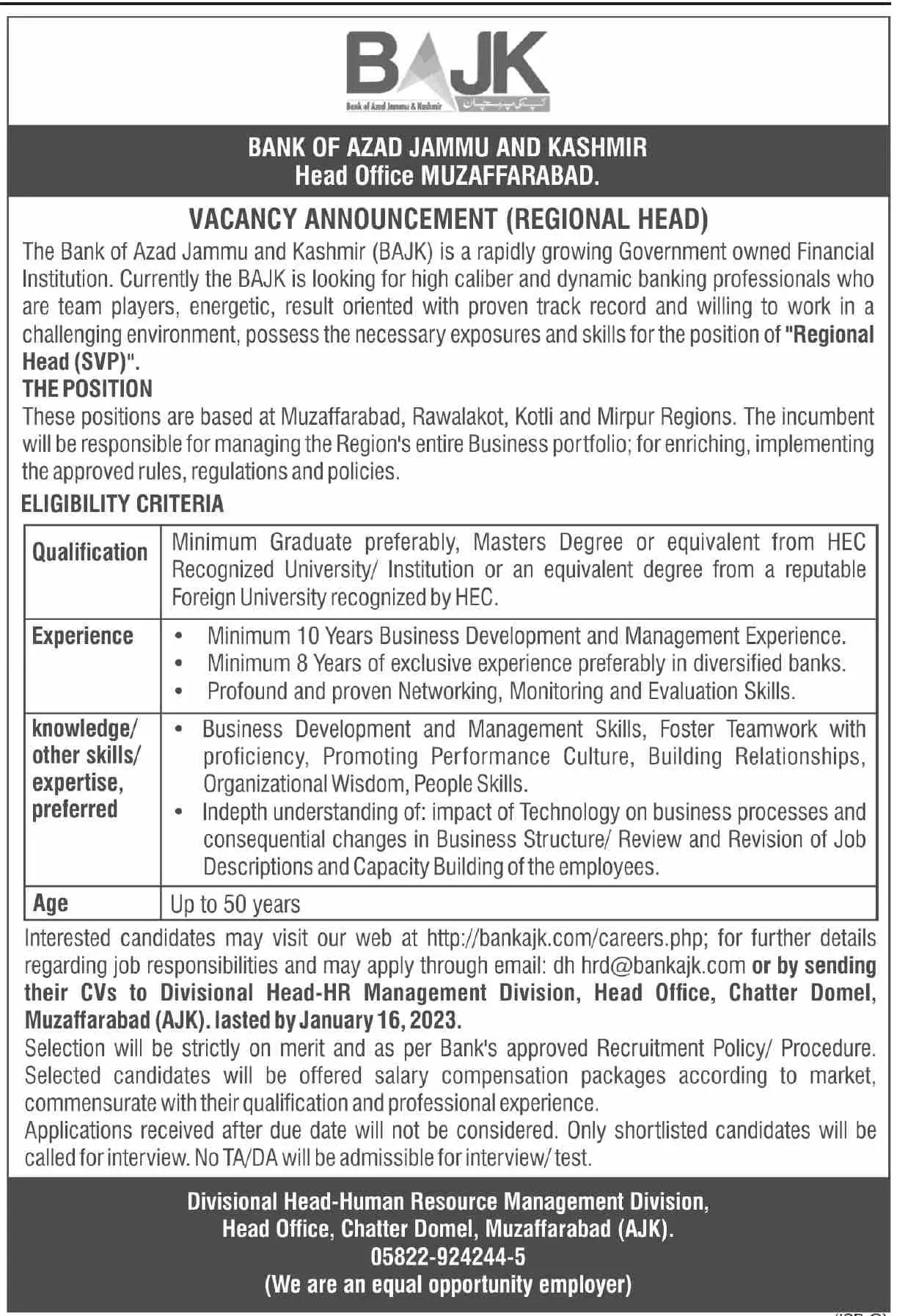 Bank of  Azad Jammu & Kashmir MuzzaffaraBad Jobs 2023 – Bank of Azad Jammu & Kashmir Jobs 2022 — original advertisement